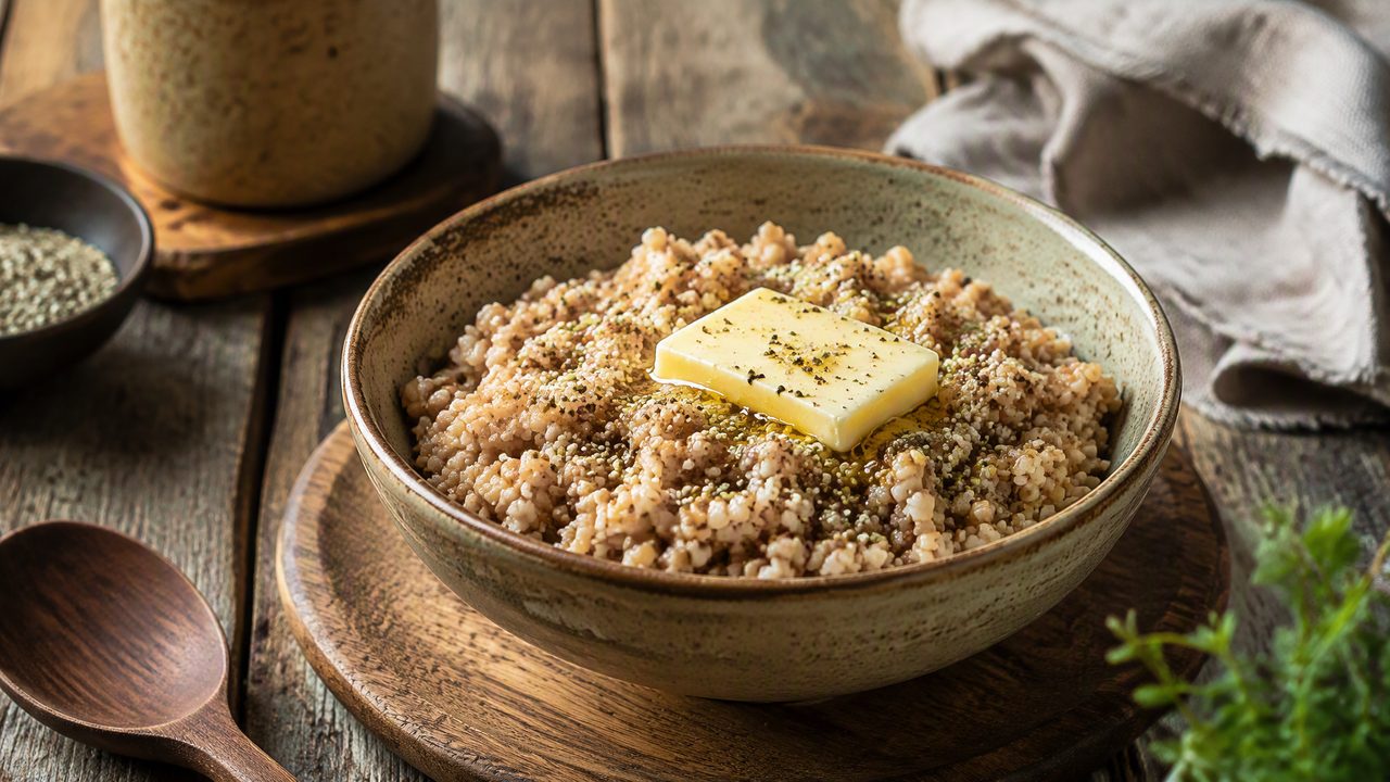 Гречневая каша с ядрами конопли и топлёным маслом