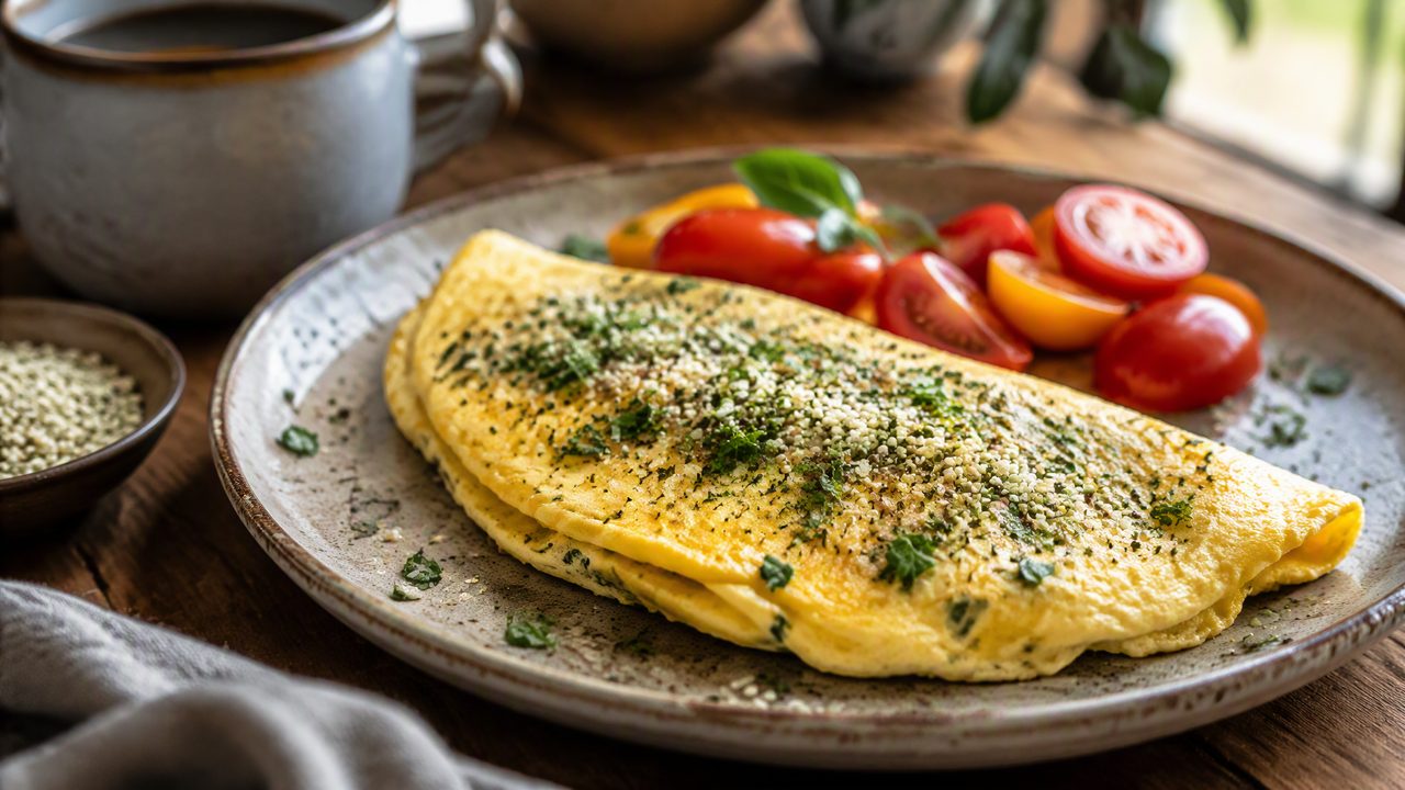 Омлет с зеленью и ядрами конопли